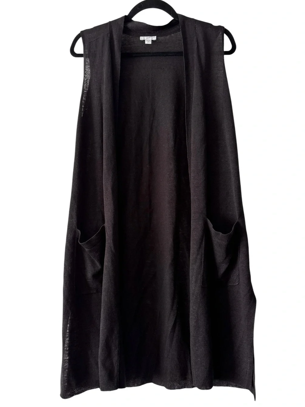 J Jill Linen Duster Vest Cardigan Pockets Long Black Open Front Knit M Petite